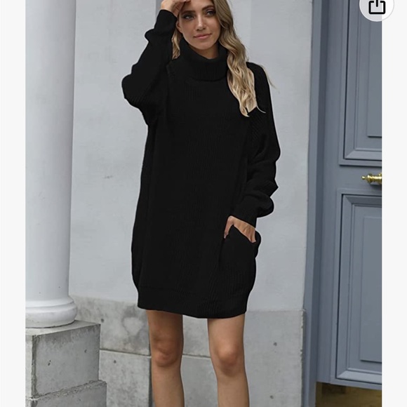 Turtleneck Oversized Long Sweater Dress with Pockets Black Size Small - Picture 3 of 5